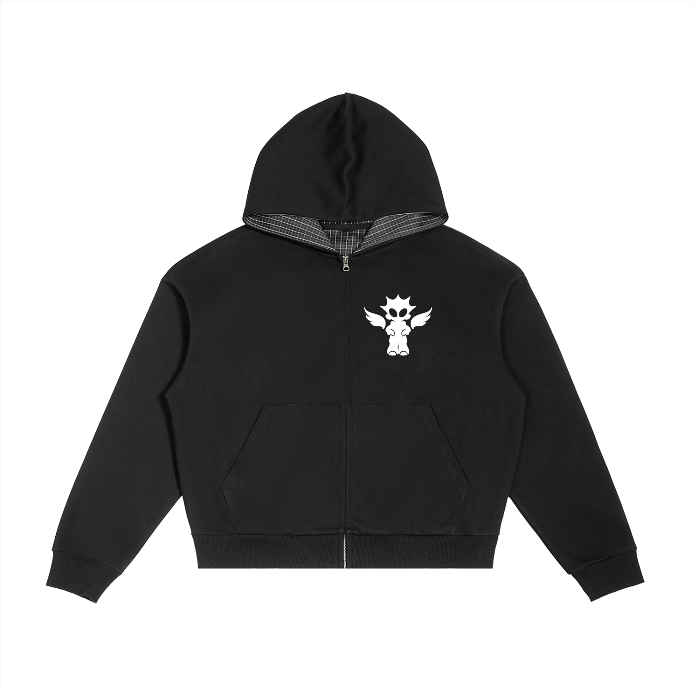Contrast Plaid Boxy Zip Hoodie